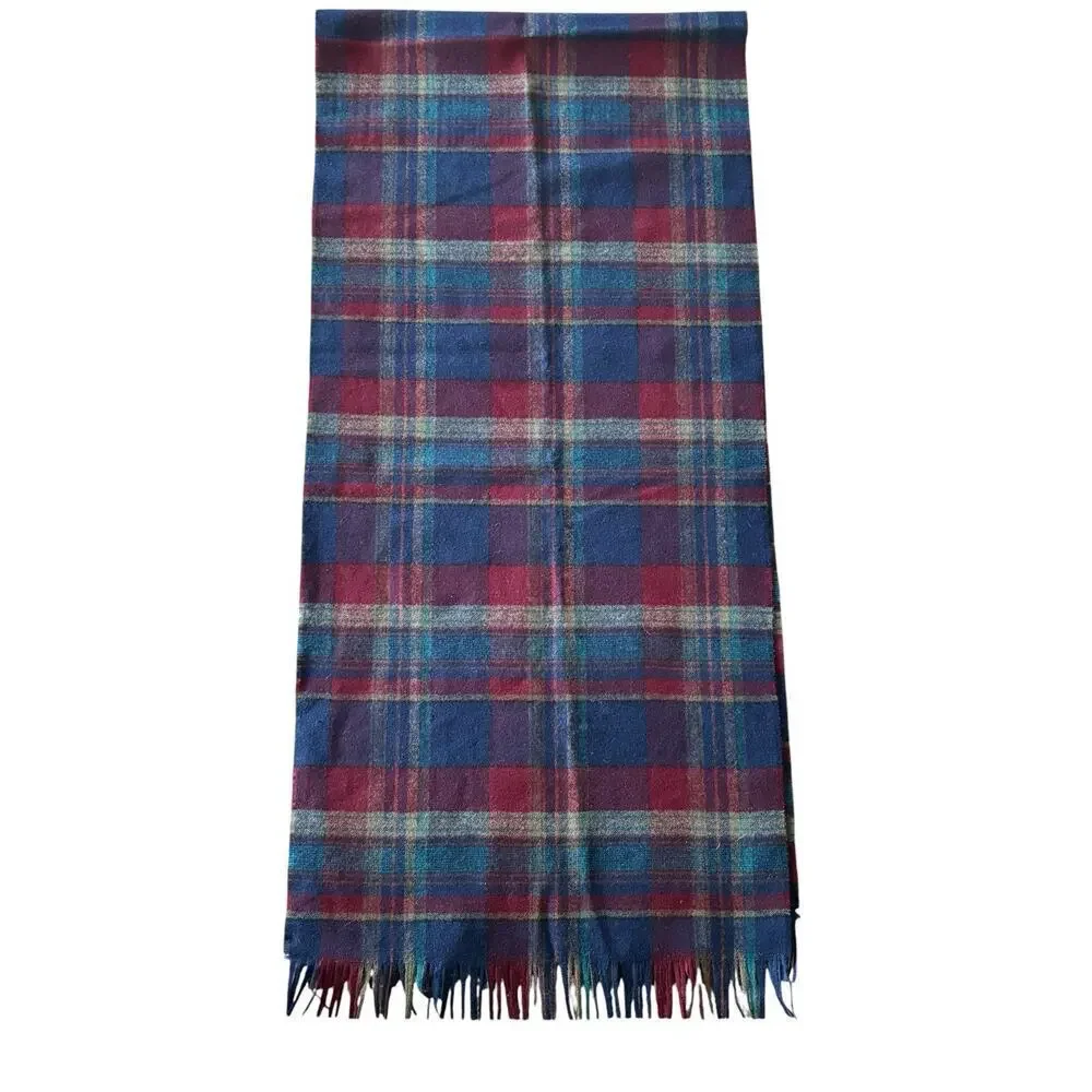 Pendleton 100% Virgin Wool Scarf Blue Plaid Fringed Made In USA 58” X 12”